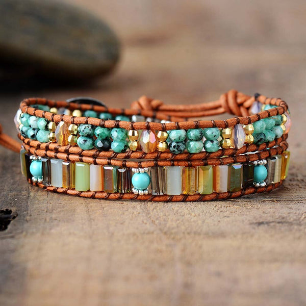Femme Semi precious Stone 7 Color Crystals Leather Wrap Bracelet