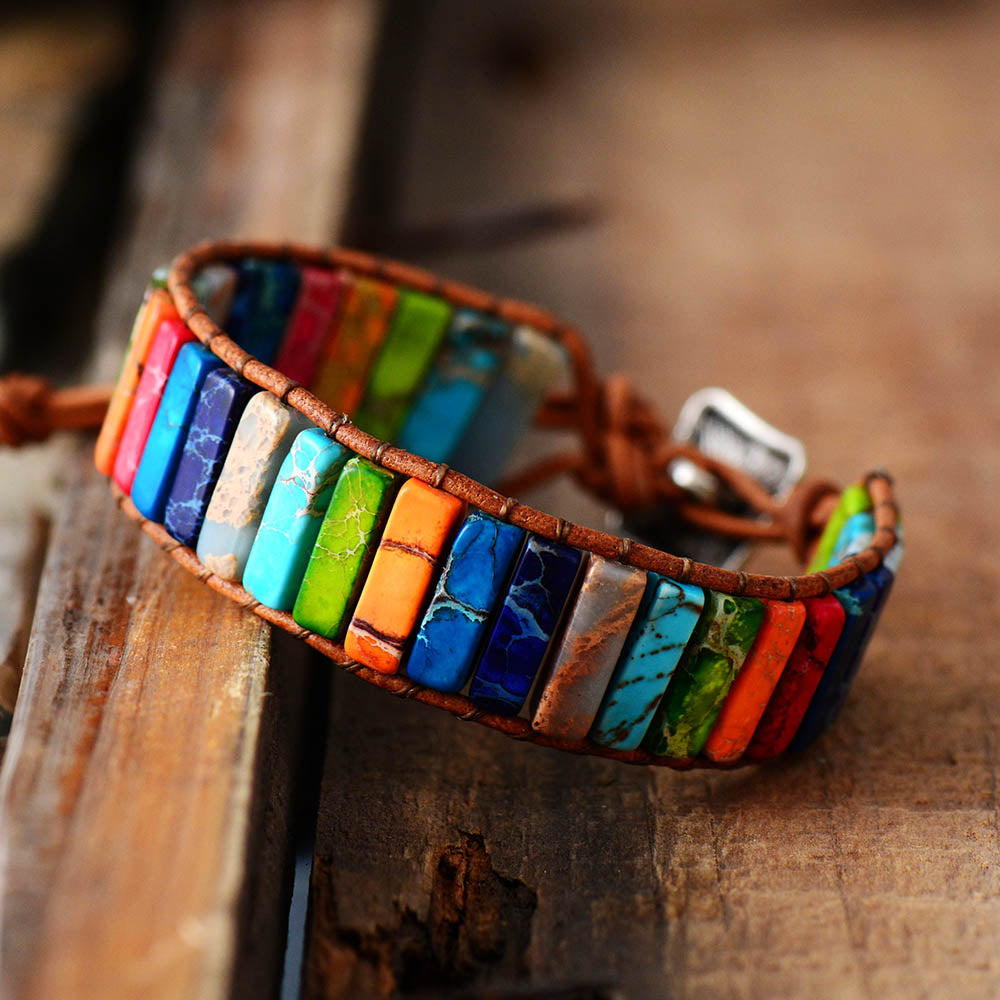 Handmade Multi Color Natural Stone Tube Beads Leather Wrap Couples Bracelets