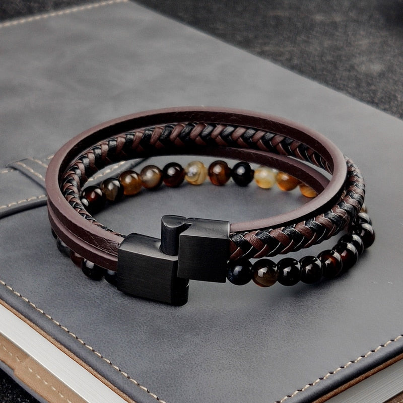 Beads Leather Natural Stone Charm Bracelet