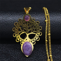 Bohemia Tree of Life Purple Crystal Stainless Steel Necklaces