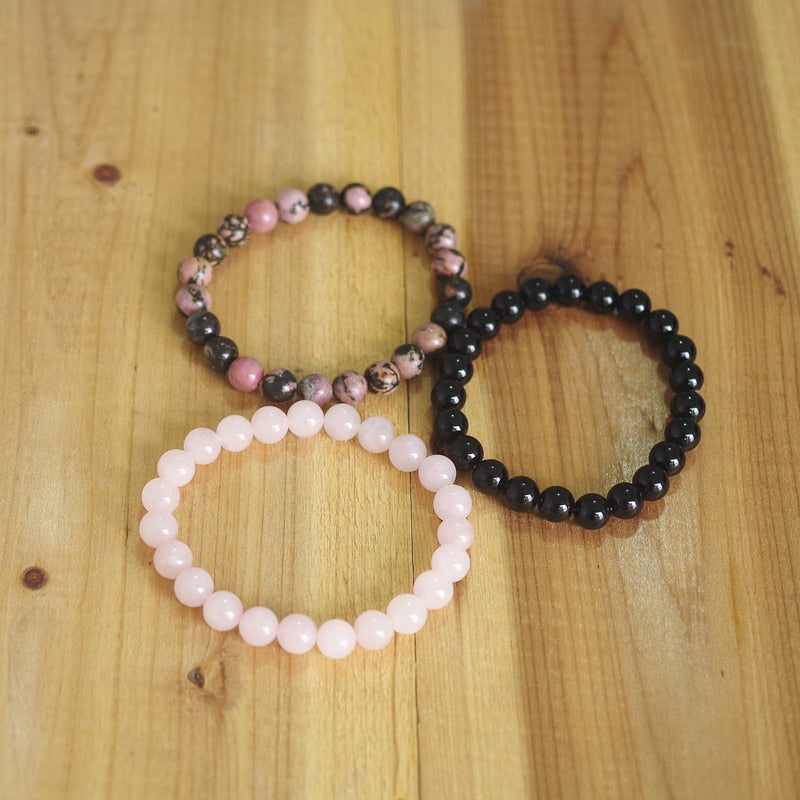 Rhodonite Rose Quartzs Black Onyx Beaded Stackable Wrist Mala Charm Bracelets