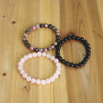 Rhodonite Rose Quartzs Black Onyx Beaded Stackable Wrist Mala Charm Bracelets