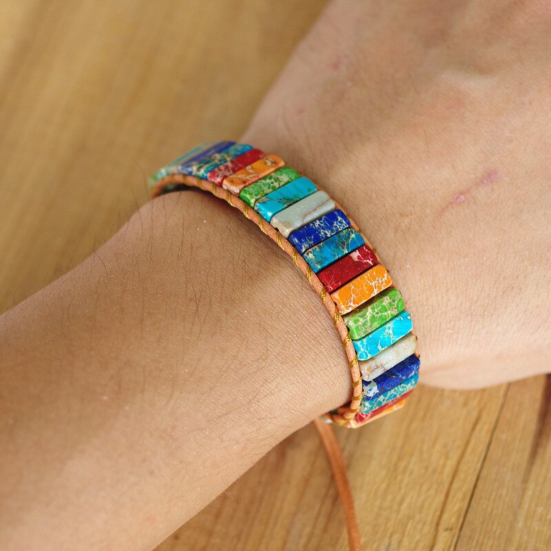 Multi Color Chakra Tube Beads Leather Wrap Bracelet 