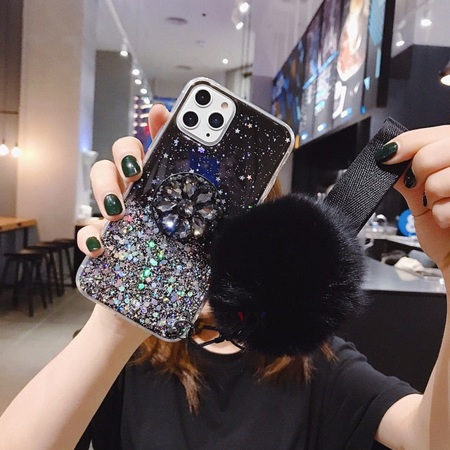 Crystal holder Stand+Fur Ball+Strap Phone case For iPhone
