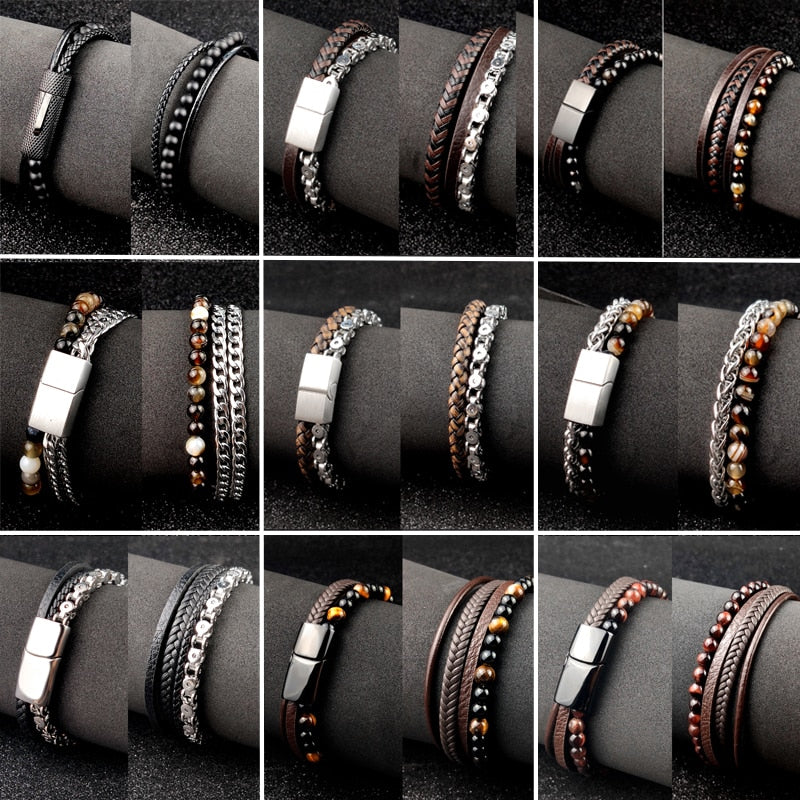 Beads Leather Natural Stone Charm Bracelet