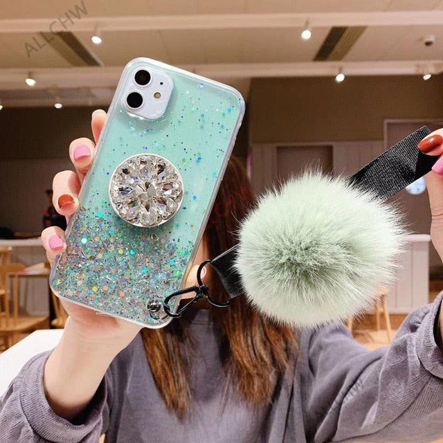 Crystal holder Stand+Fur Ball+Strap Phone case For iPhone