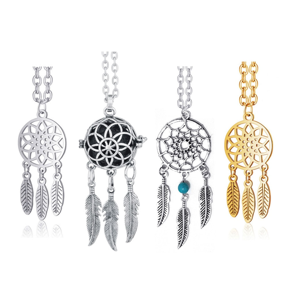 Bohemian Ethnic Feather Yoga Alloy Stainless Steel Dreamcatcher Necklace