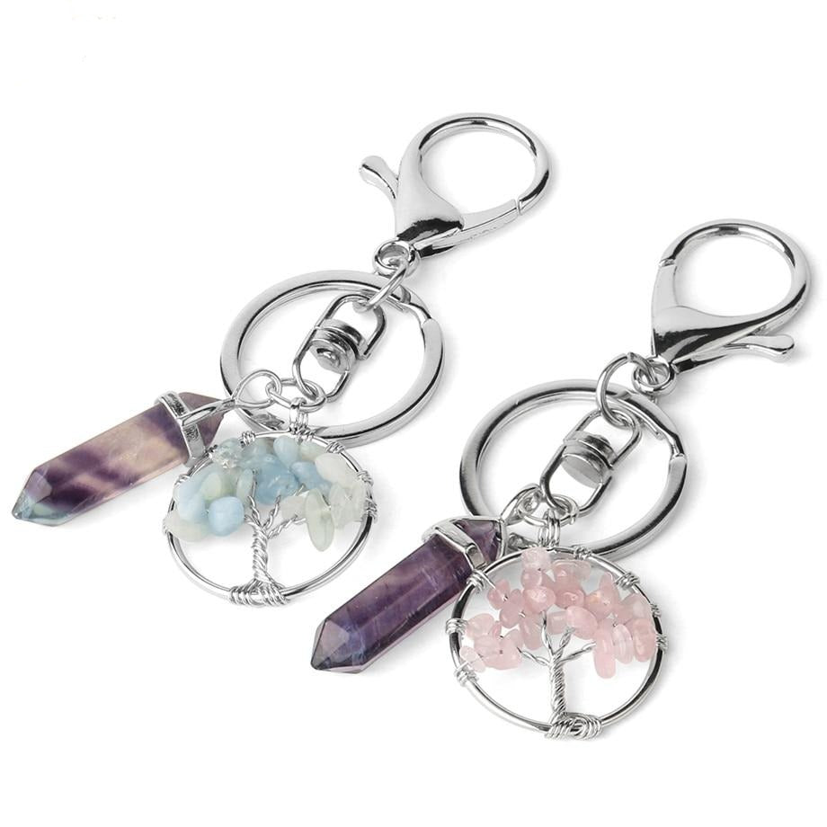 Natural Stone Fluorite Tree of Life Pendants Keychain