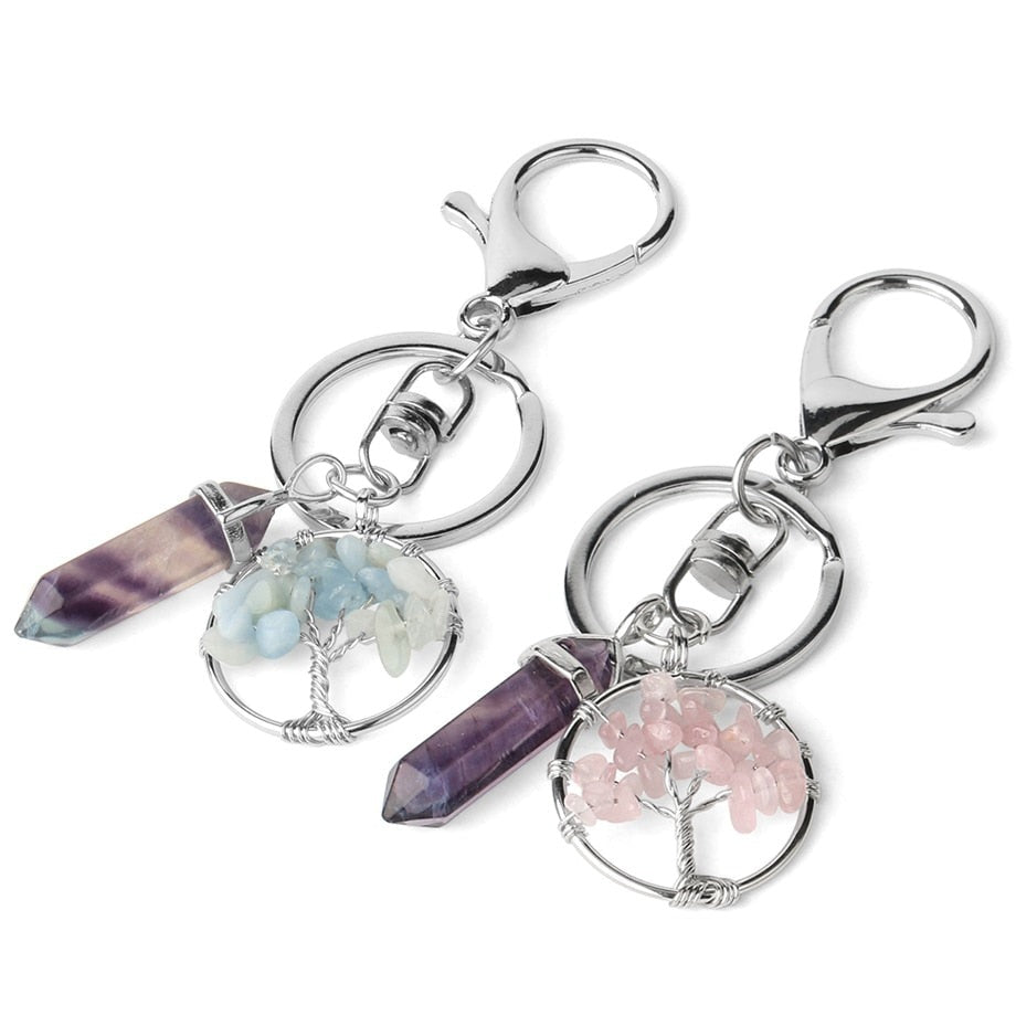 Natural Stone Fluorite Tree of Life Pendants Keychain