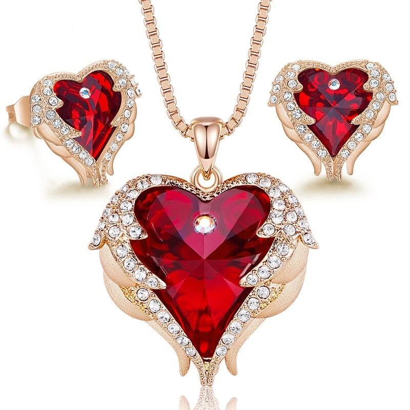 Women Necklace Earrings Jewelry Set With Crystals Women Heart Pendant Stud Fashion