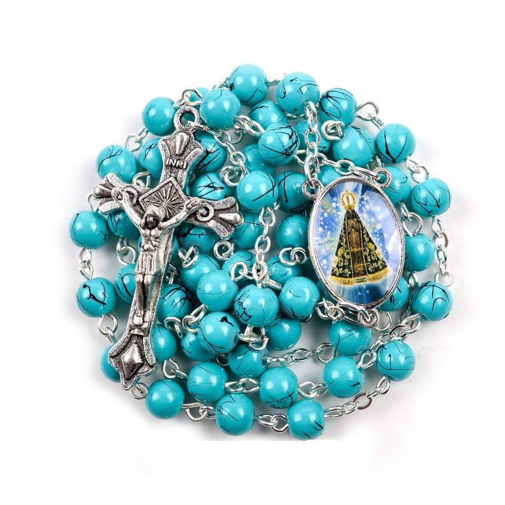 Catholic Rosary Small Size Round Blue Glass Beads Virgin Mary Jesus Necklace Women