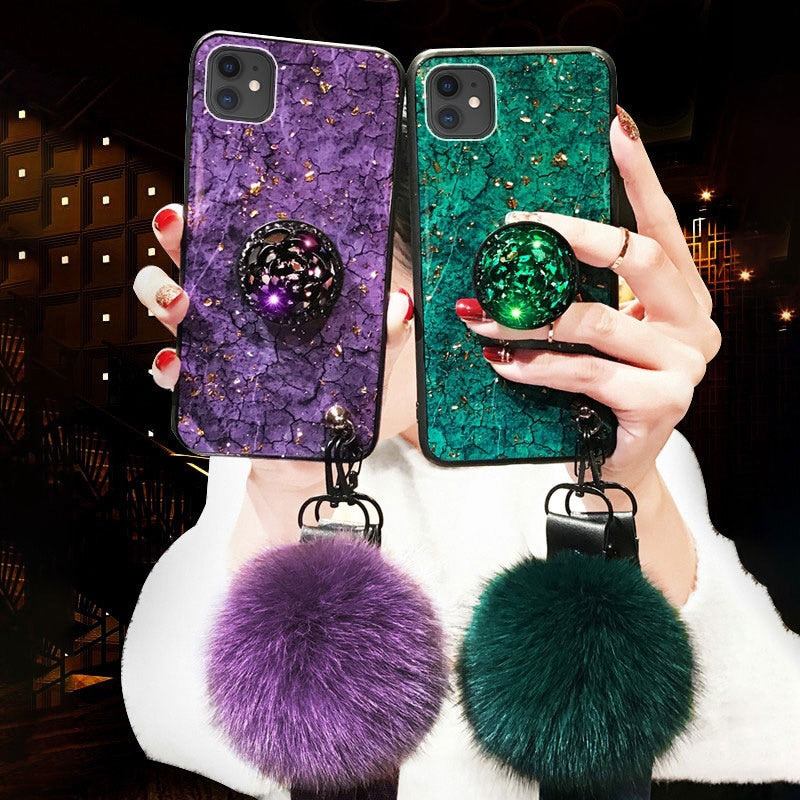 Crystal holder Stand+Fur Ball+Strap Phone case For iPhone