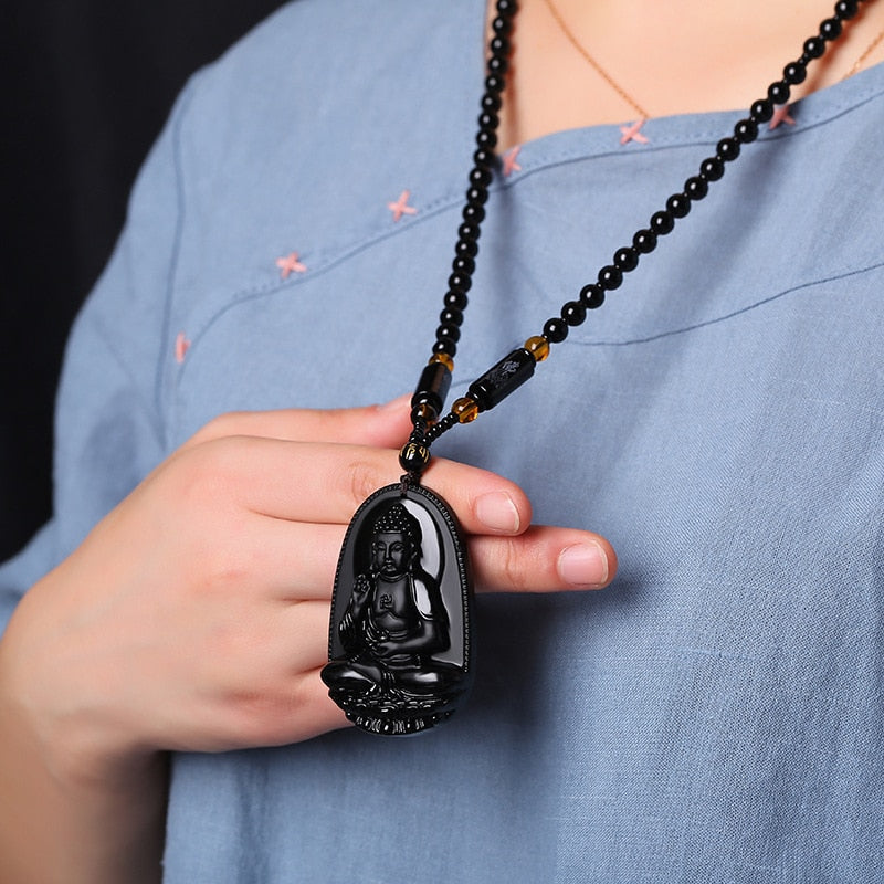 Amitabha Black Obsidian Carved Buddha Lucky Amulet Pendant