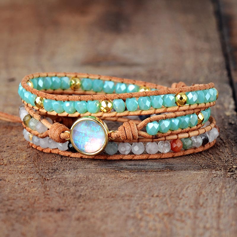 Natural Opal Stone Rhinestone 3 Rows Leather Wrap Women Bracelets