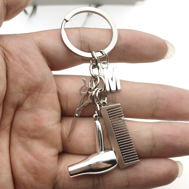 Hair dryer scissors comb Decorative Keychains Hairdressers Gift Key Rings Hair Dryer Alphabet Keyring