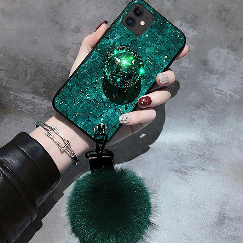 Crystal holder Stand+Fur Ball+Strap Phone case For iPhone
