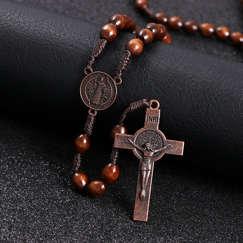Rosary Bead Cross Pendant Woven Rope Chain Necklace