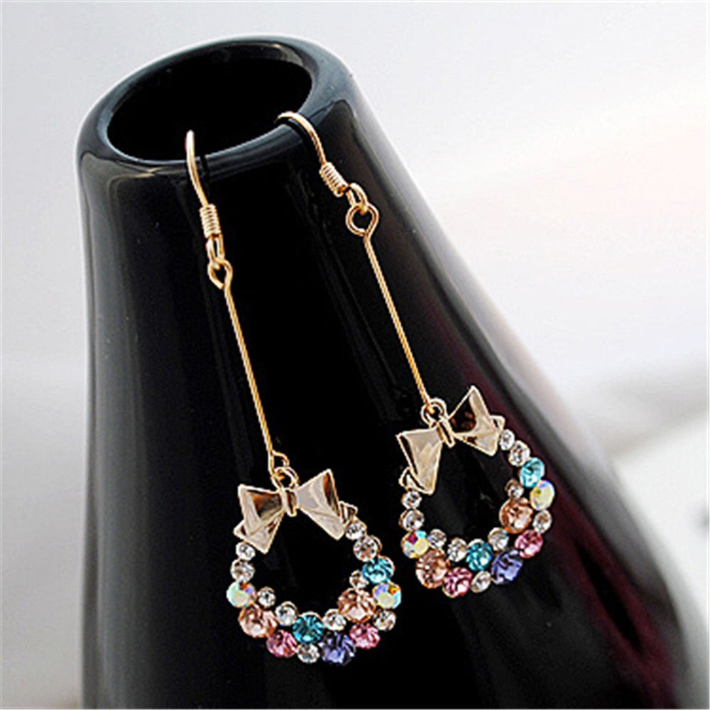 Luxury Gold Color Colorful Crystal Bow Stud EarringsLuxury Gold Color Colorful Crystal Bow Stud Earrings