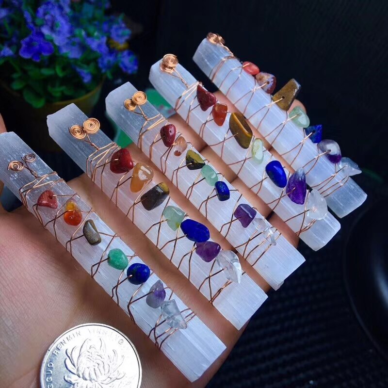 Chakra Healing Crystals Stones Beads Wire Wrapped Raw Selenite Stick