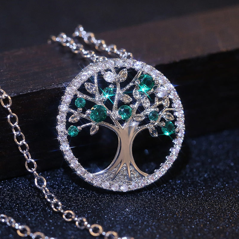 Tree of Life Zircon Round Pendant Necklace