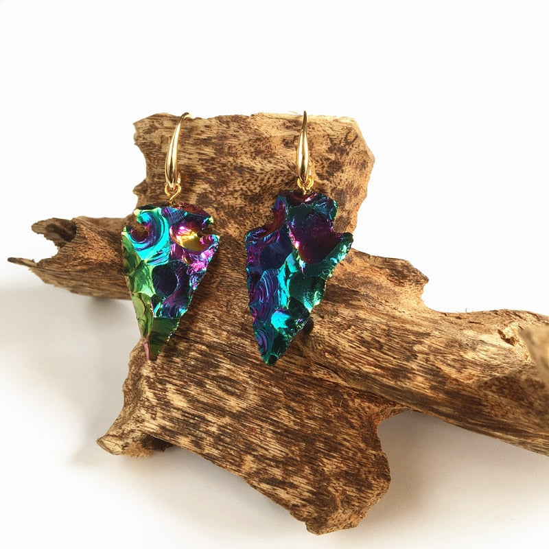 Female Elegant Colorful Raw Tourmaline Arrowhead Earrings