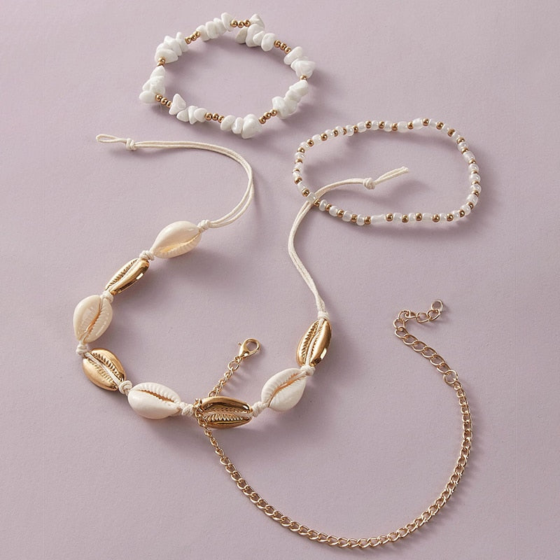 Boho Handmade Shell Seed Beads Anklet Set