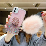 Crystal holder Stand+Fur Ball+Strap Phone case For iPhone