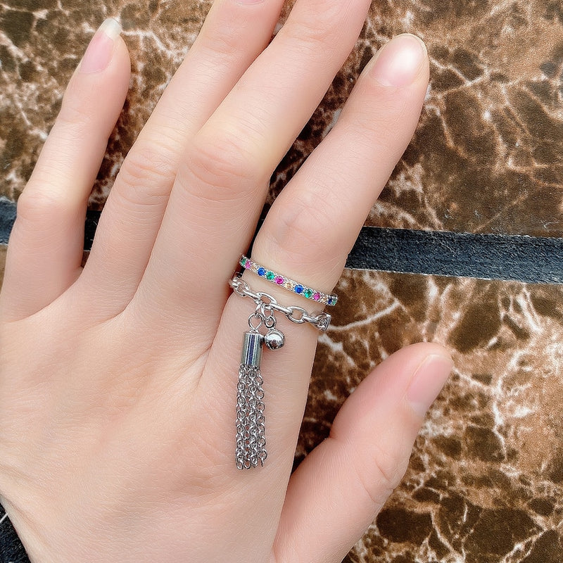 Link Chain Tassel  Zirconia Charm Finger Ring