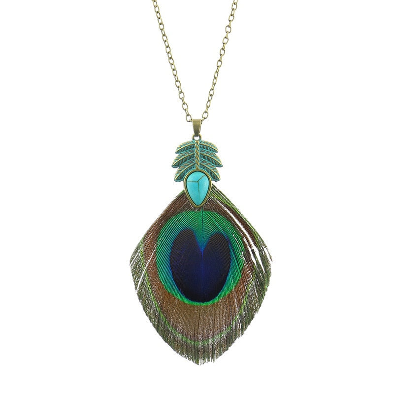 Ethnic Long Chain Peacock Feather Pendant
