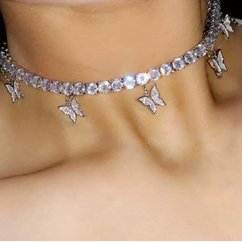 Trendy cute Iced Out Butterfly Choker Necklaces