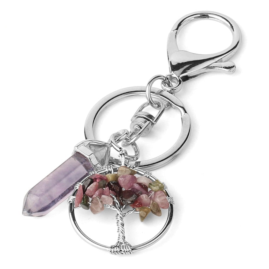 Natural Stone Fluorite Tree of Life Pendants Keychain