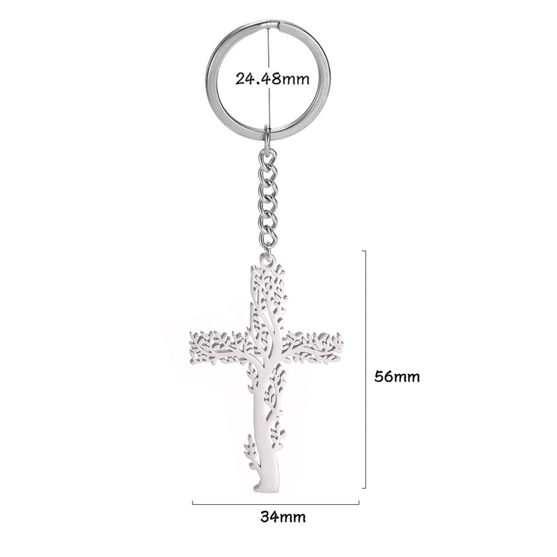 Stainless Steel Tree of Life Cross Keychain