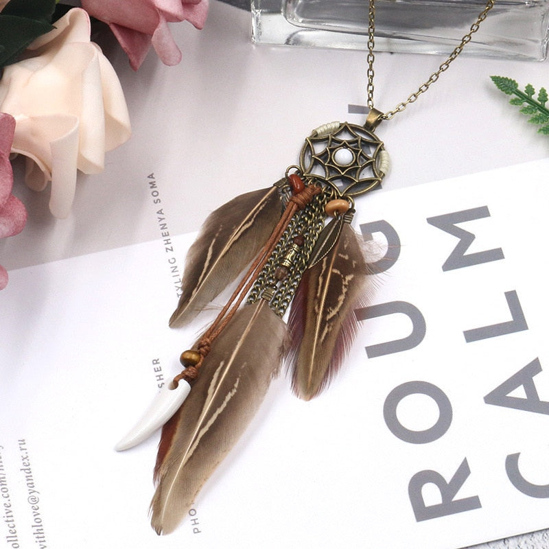 Feather Pendant Dreamcatcher Necklace