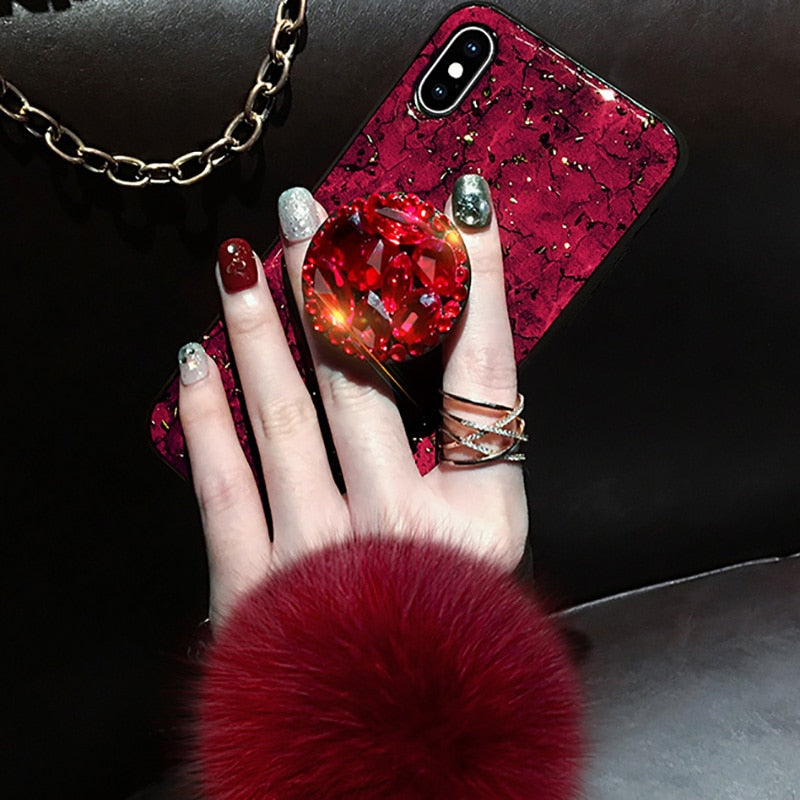 Crystal holder Stand+Fur Ball+Strap Phone case For iPhone
