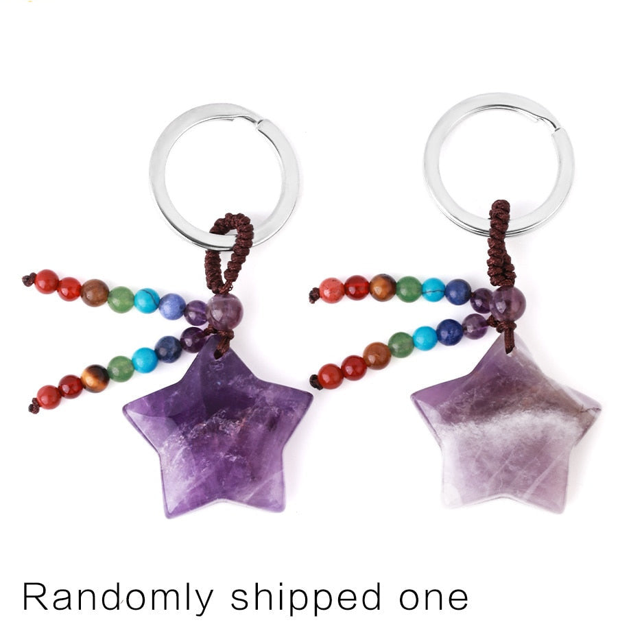 Natural Stone 7 Chakra Keychain Healing Moon Star