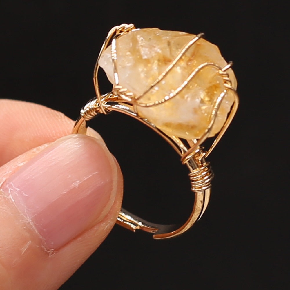 Wire Wrap Amethysts Quartzs Finger Ring