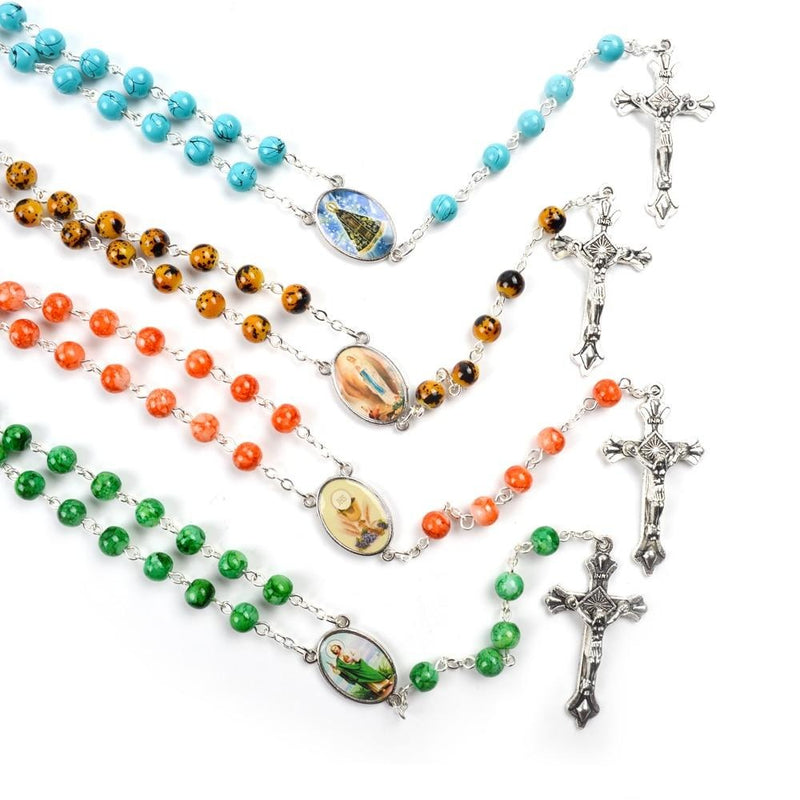 Catholic Rosary Small Size Round Blue Glass Beads Virgin Mary Jesus Necklace Women