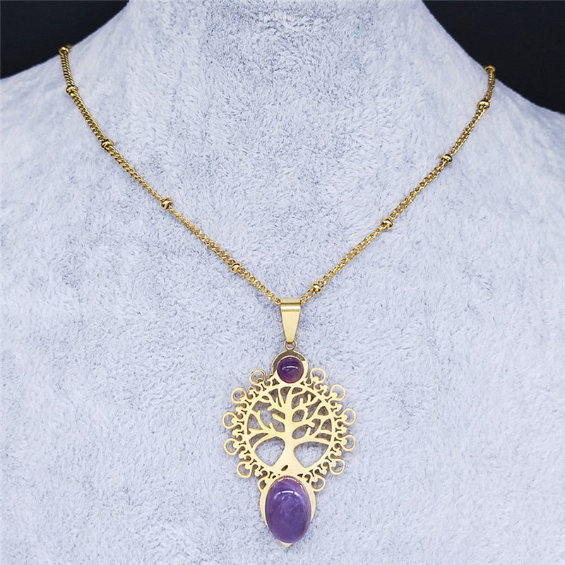 Bohemia Tree of Life Purple Crystal Stainless Steel Necklaces