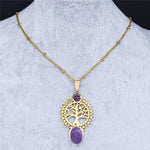 Bohemia Tree of Life Purple Crystal Stainless Steel Necklaces