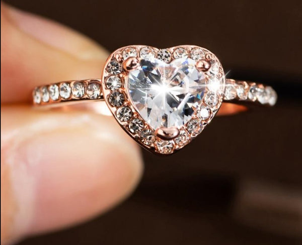 Rose Gold Crystal Heart Shaped  Wedding Rings