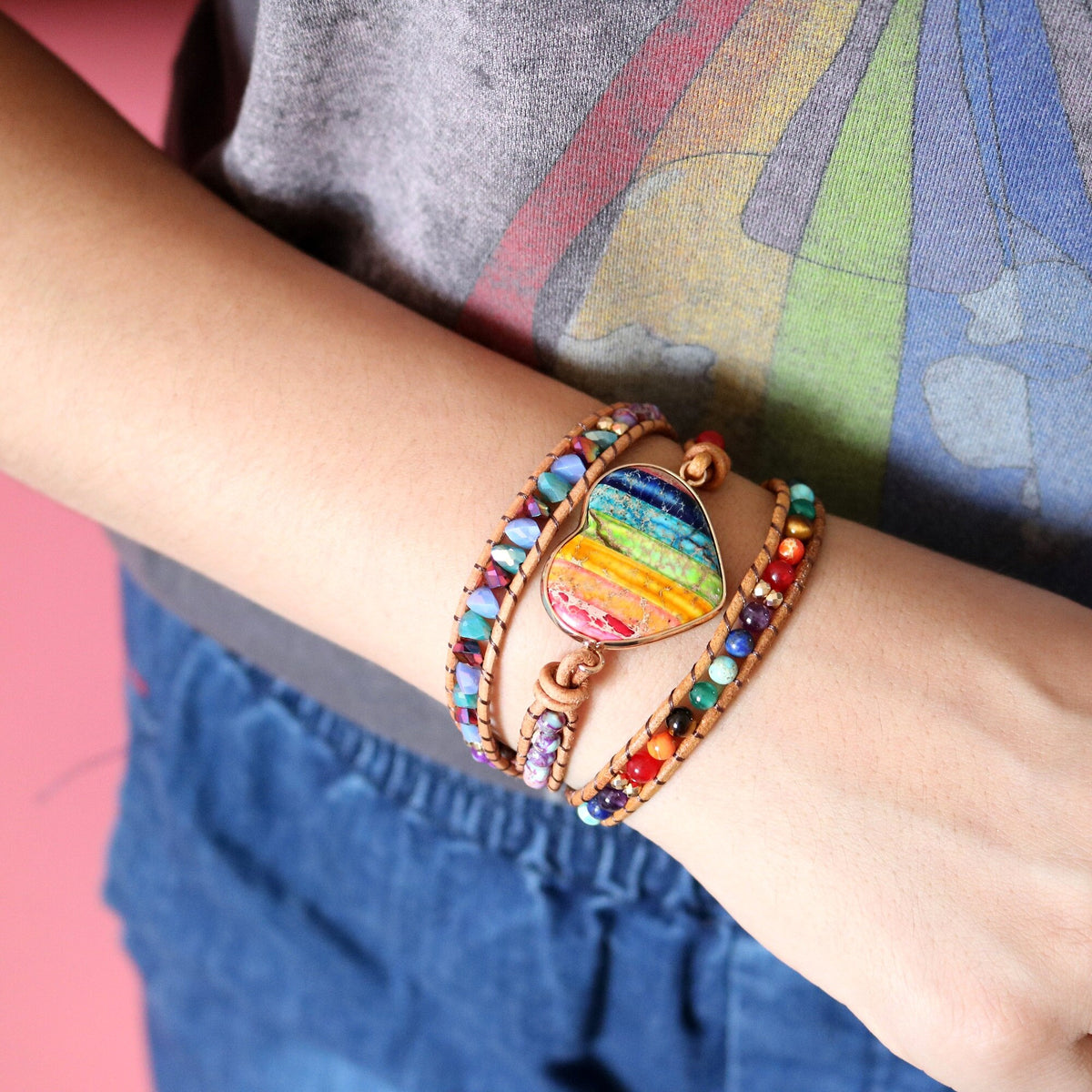 Seven Chakra Heart Stones Women Yoga Bracelets