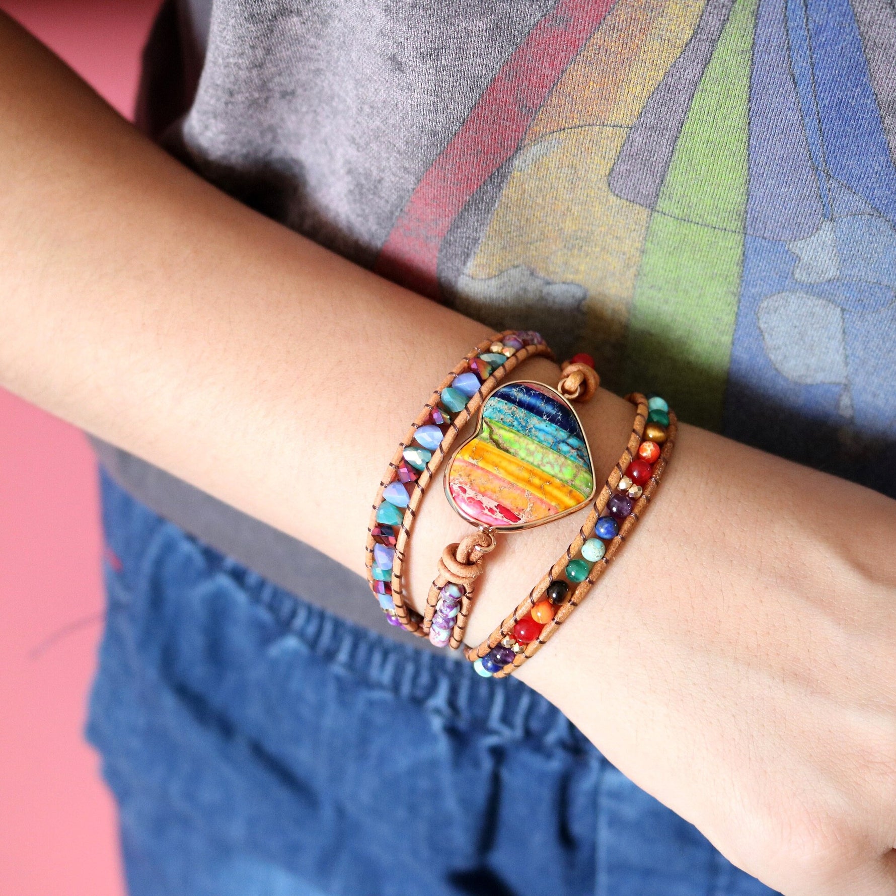Seven Chakra Heart Stones Women Yoga Bracelets