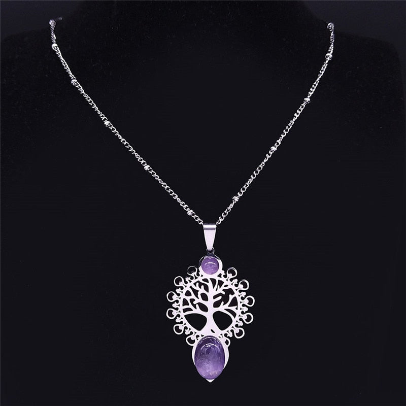 Bohemia Tree of Life Stainless Steel Purple Crystal Necklace