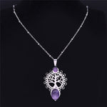 Bohemia Tree of Life Stainless Steel Purple Crystal Necklace