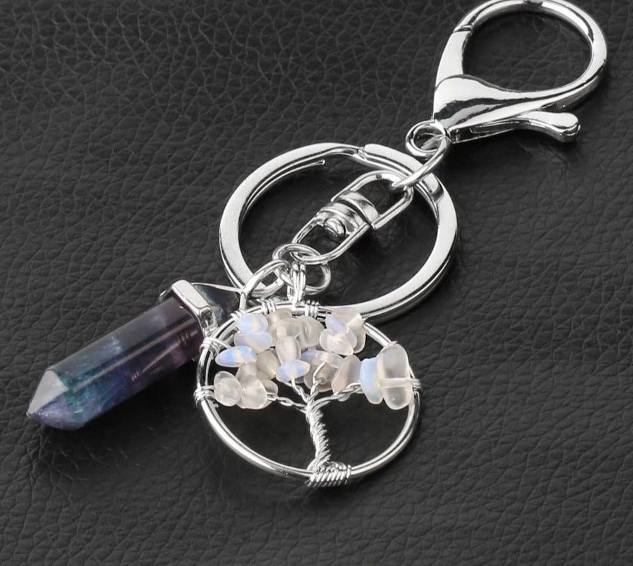 Natural Stone Fluorite Tree of Life Pendants Keychain