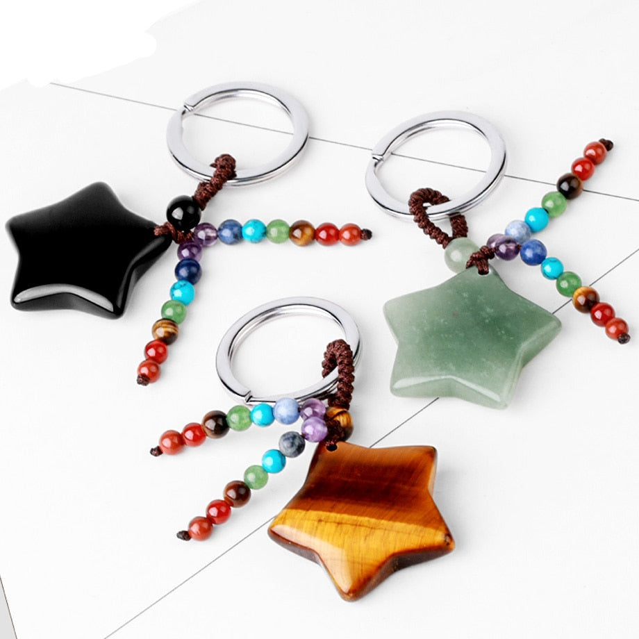 Natural Stone 7 Chakra Keychain Healing Moon Star