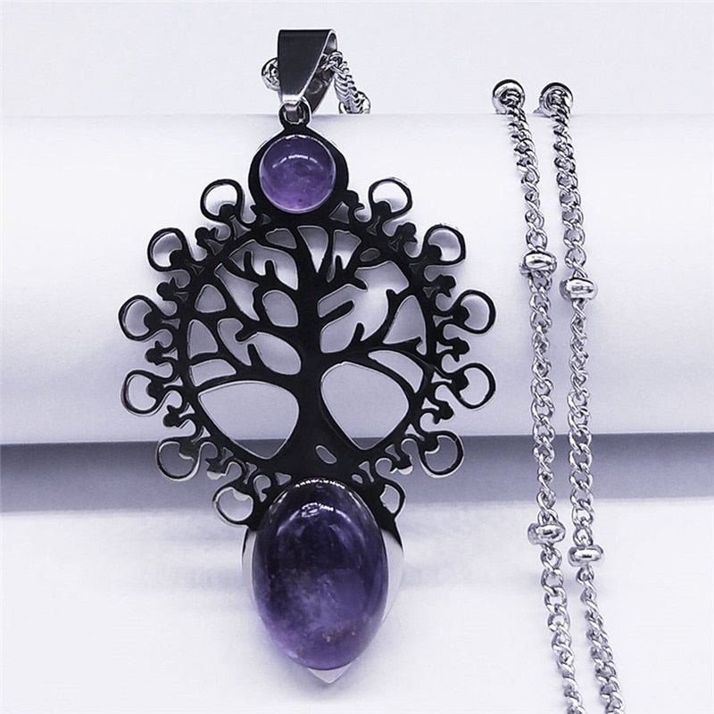 Bohemia Tree of Life Stainless Steel Purple Crystal Necklace