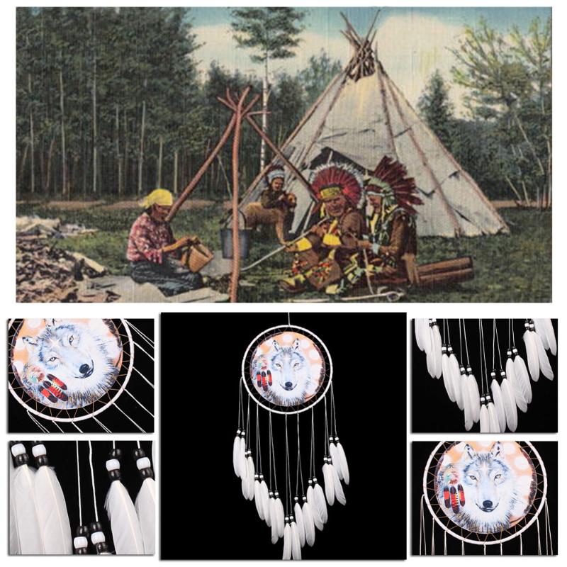 Wolf Printed Dream Catcher Net Feather Bead Dreamcatcher Hanging Ornament decor