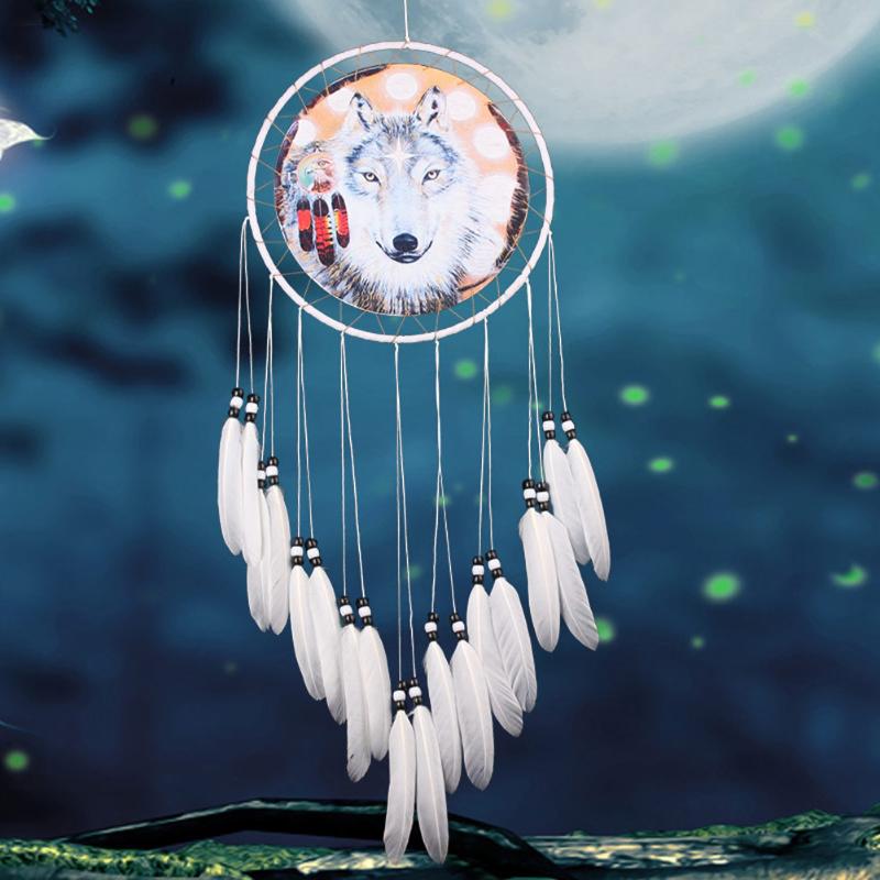 Wolf Printed Dream Catcher Net Feather Bead Dreamcatcher Hanging Ornament decor