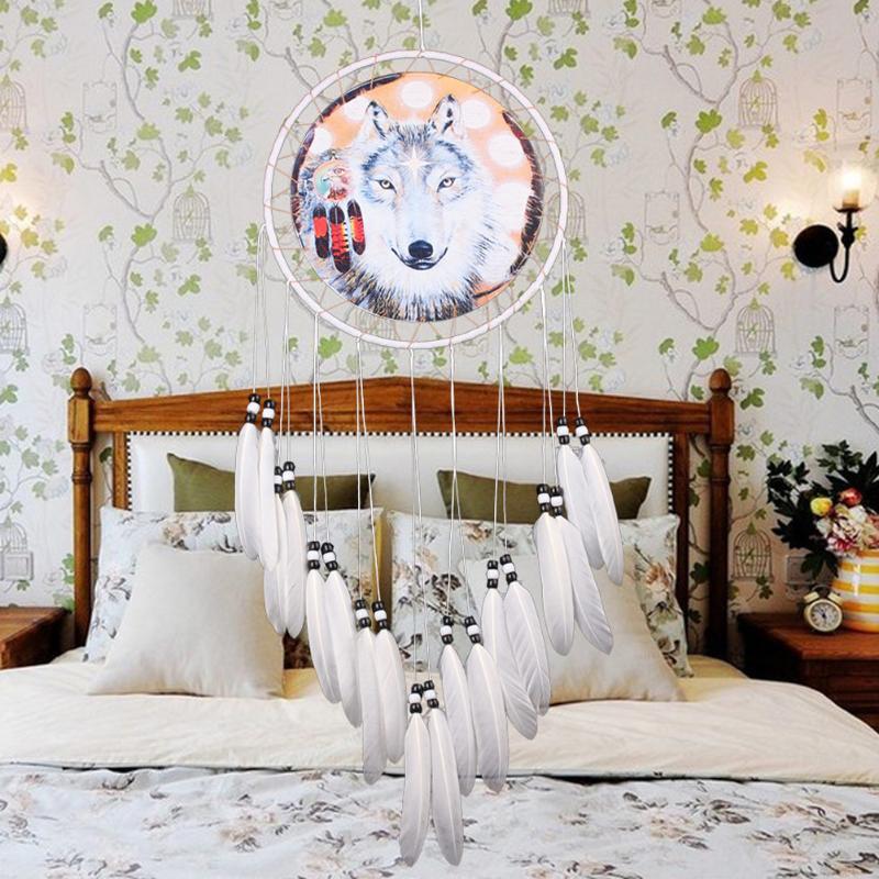Wolf Printed Dream Catcher Net Feather Bead Dreamcatcher Hanging Ornament decor